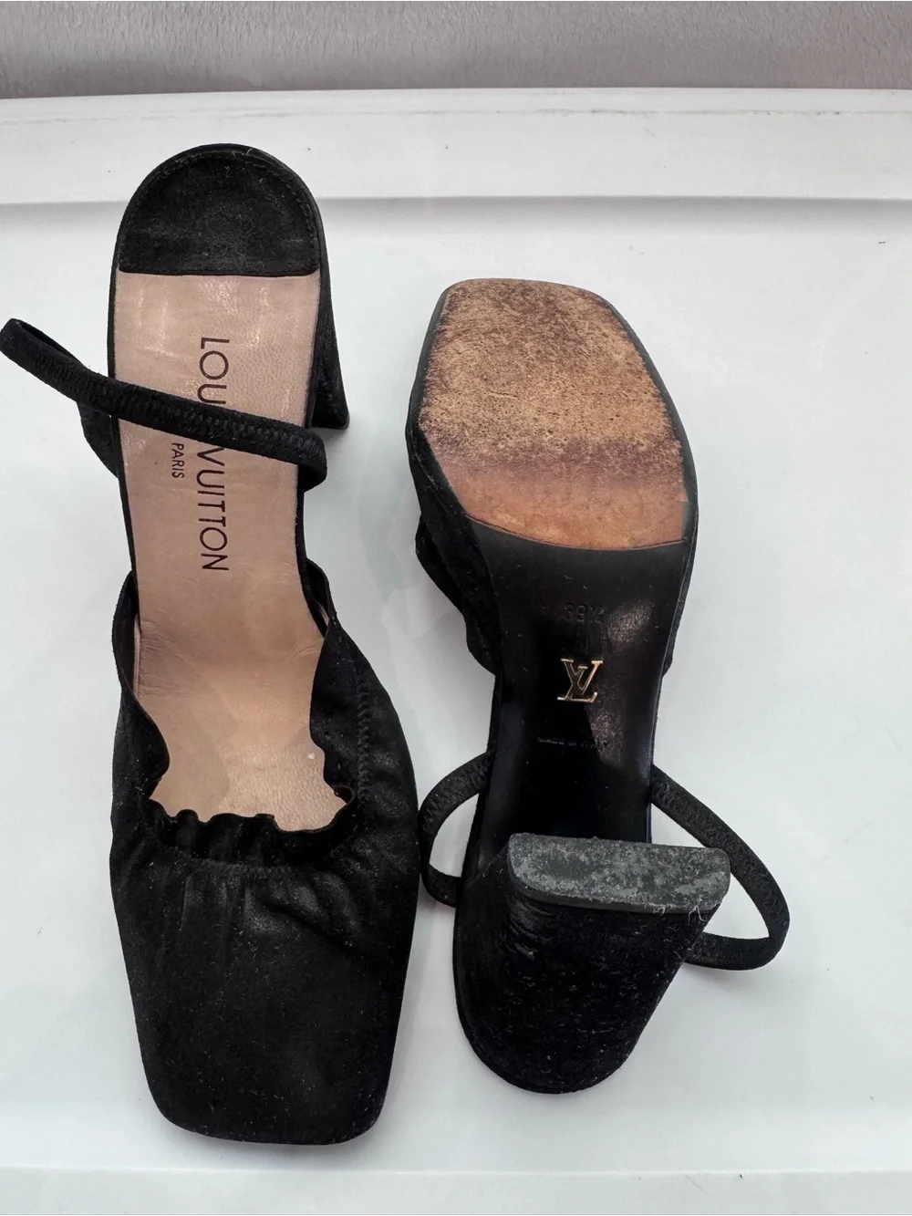 Louis Vuitton Black Suede Square Toe Slingback Heels